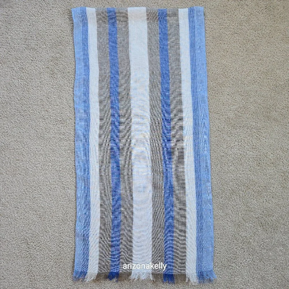 Puro Lino Linen Scarf Stripe Blue White & Taupe Italian Linen